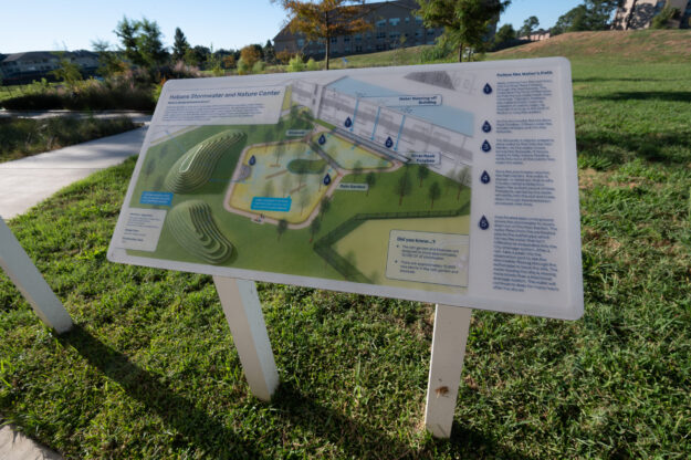 This is a sign that describes the purpose of our Stormwater and Nature Center, and has facts about rain and water runoff.